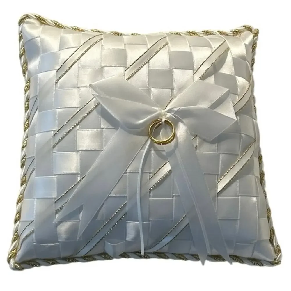 Vtg Wedding Ring Pillow Wht satin woven ribbons gold trim 90’s Early 2000’s NOS